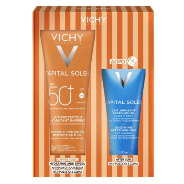 Vichy Promo Capital Soleil Ενυδατικό Αντηλιακό Γαλάκτωμα για Πρόσωπο & Σώμα SPF50+ 300ml & Δώρο After Sun Καταπραϋντικό Γαλάκτωμα για Πρόσωπο & Σώμα 100ml