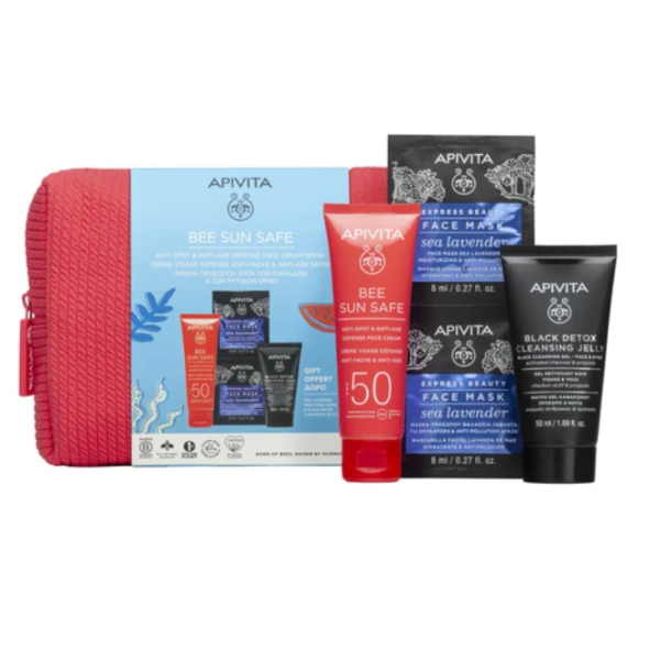Apivita Promo Bee Sun Safe Anti Spot & Anti Age Defense Face Cream Κρέμα Προσώπου SPF50+, 50ml & Δώρο Black Detox Cleansing Jelly Μαύρο Gel Kαθαρισμού, 50ml & Express Beauty Face Mask Sea Lavender Μάσκα Προσώπου Θαλάσσια Λεβάντα, 2x8ml, 1σετ Apivita Promo Bee Sun Safe Anti Spot & Anti Age Defense Face Cream Κρέμα Προσώπου SPF50+, 50ml & Δώρο Black Detox Cleansing Jelly Μαύρο Gel Kαθαρισμού, 50ml & Express Beauty Face Mask Sea Lavender Μάσκα Προσώπου Θαλάσσια Λεβάντα, 2x8ml, 1σετ
