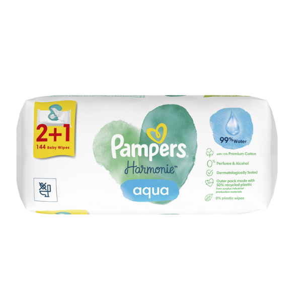 Pampers Harmonie Aqua Baby Wipes Μωρομάντηλα 2+1 Δώρο 144τμχ